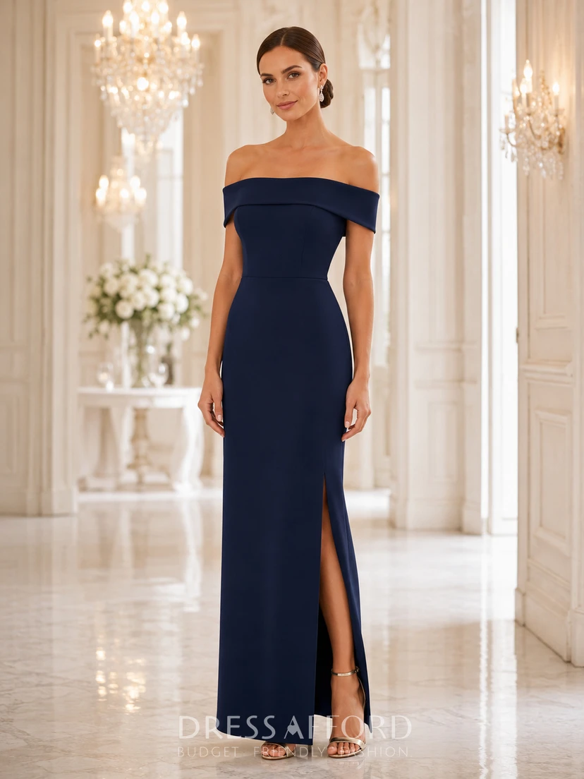 Dark Navy Elegant Indoor Wedding Guest Bridesmaid Evening Formal Dress Sheath Floor-Length Off-Shoulder Sleeveless Jersey Leg Slit Zipper Back (108809)