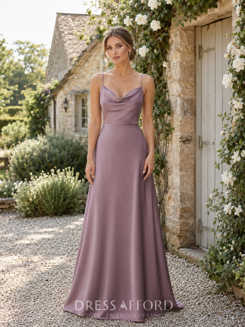 bridesmaid dresses mauve Satin Sheath Cowl Neck Spaghetti Strap Draped Low Back Floor-Length Dress (109154) Modest bridesmaid