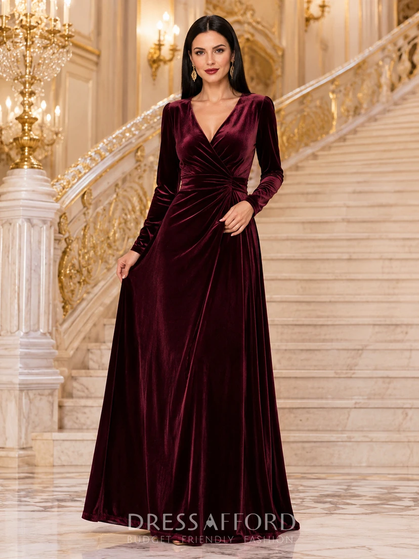 burgundy velvet a line dress Castle V-Neck A-Line Floor-Length Long Sleeve Formal Guest (108954) Color:Rose Gold