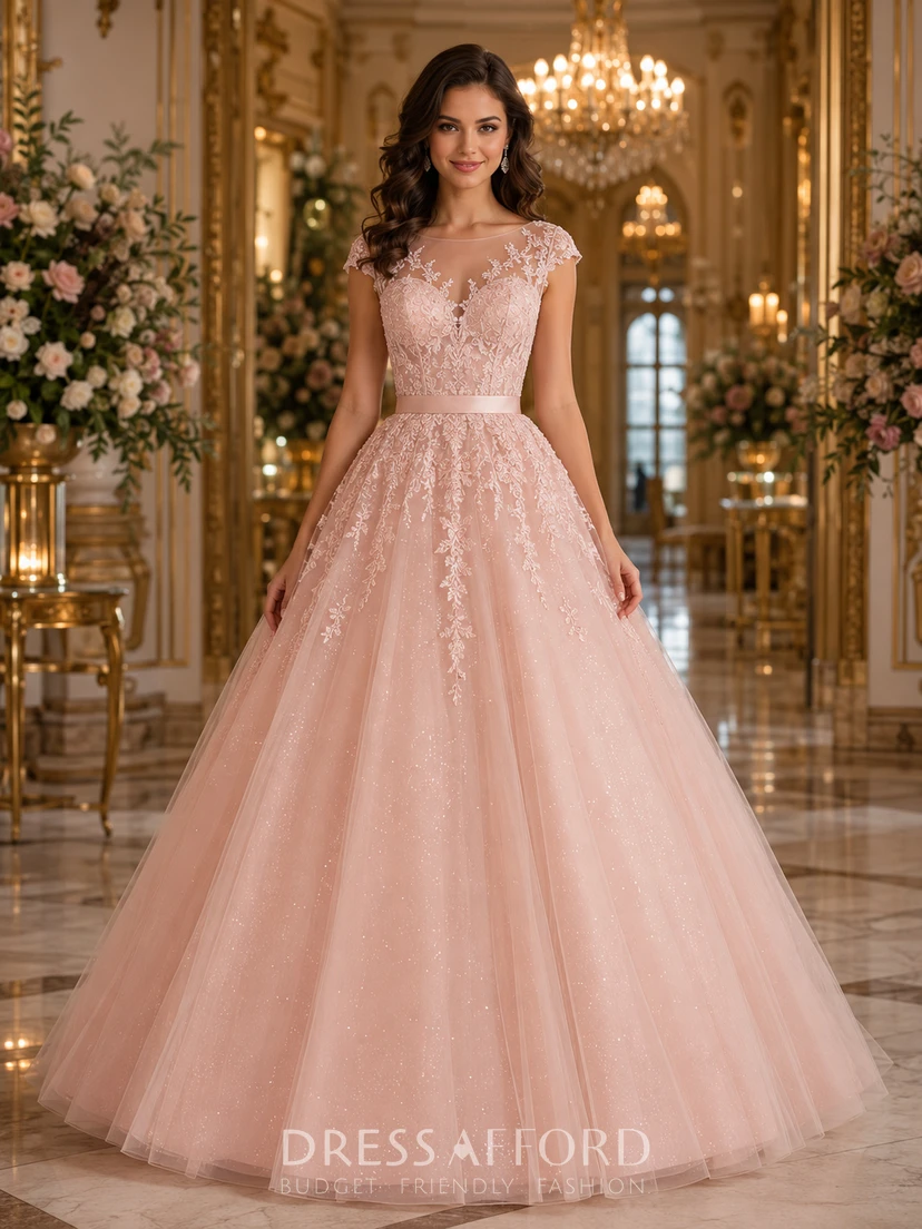 Robe de bal en tulle et dentelle rose poudré à manches courtes pour quinceañera