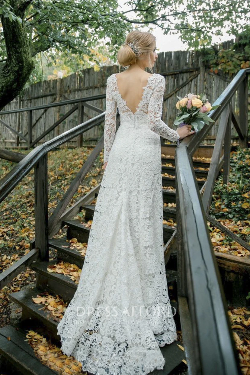 Elegantes Meerjungfrauen-Brautkleid aus Spitze mit U-Boot-Ausschnitt und V-Rücken view 5