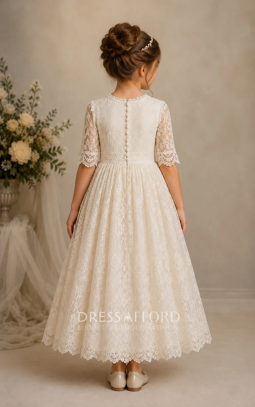 Tea-length Half Sleeve Lace Flower Girl Dress view 2