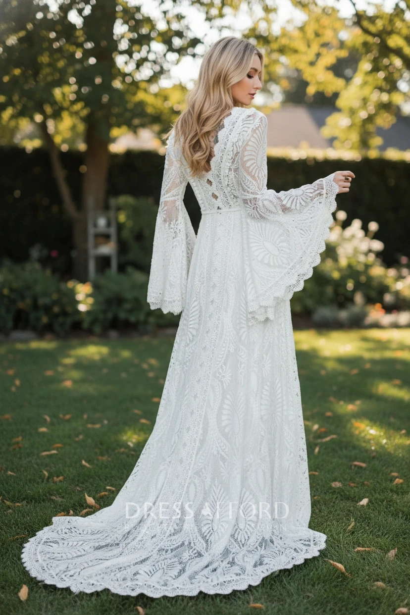Bell Sleeve Lace Wedding Dress with Train