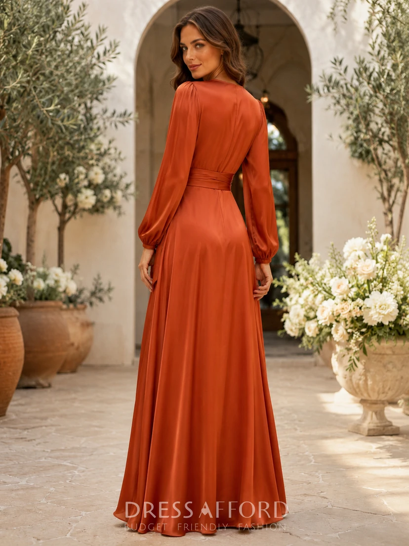 Burnt Orange V Neck Poet Sleeve Satin Wrap Guest Dress view 2