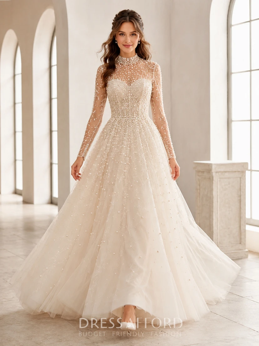 Champagne Tulle Wedding Dress A-Line High Neck Long Sleeve Sweep Train Bridal Gown (722556)