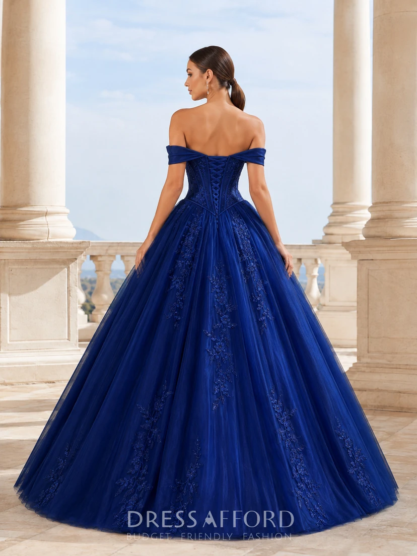Royal Blue Luxury Off Shoulder Sweetheart Basque Waist Lace Sweet Sixteen Ball Gown