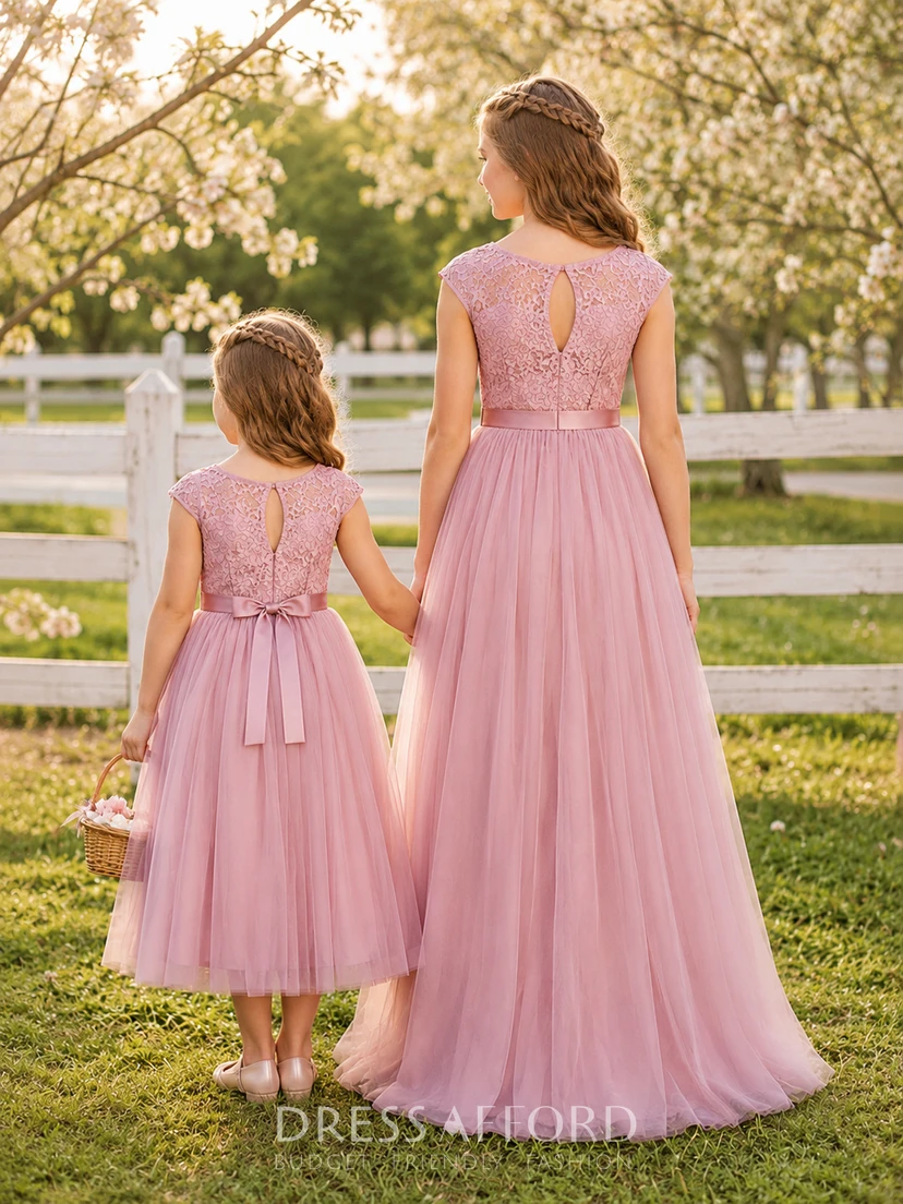 Matching Flower Girl Junior Bridesmaid Dress A-Line Pearl Pink Lace Tulle Bow