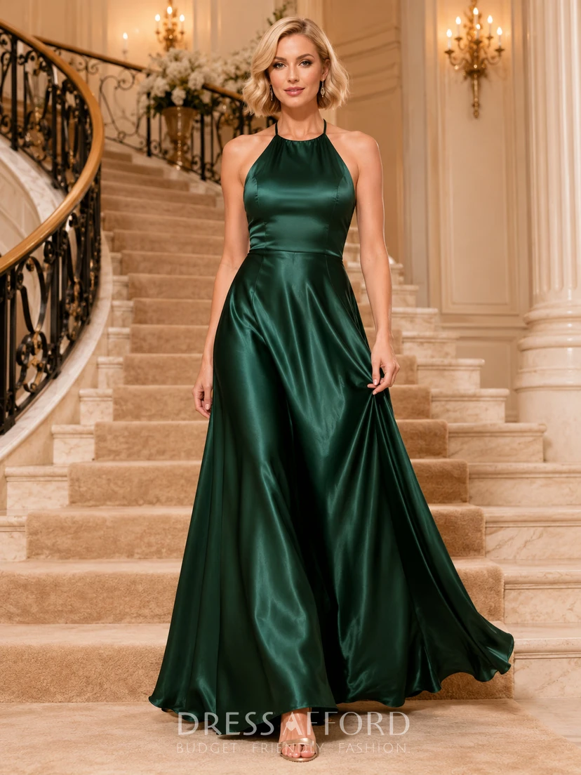 Forest Green Halter Satin A Line Floor Length Gown
