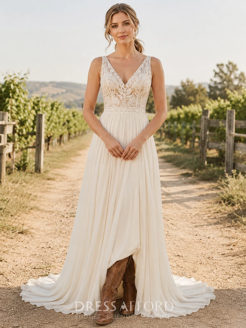 Country Simple Romantic A-Line Lace Tulle Wedding Dress with V-Neck Sleeveless Floor-Length Train Low Back Deep V Detail