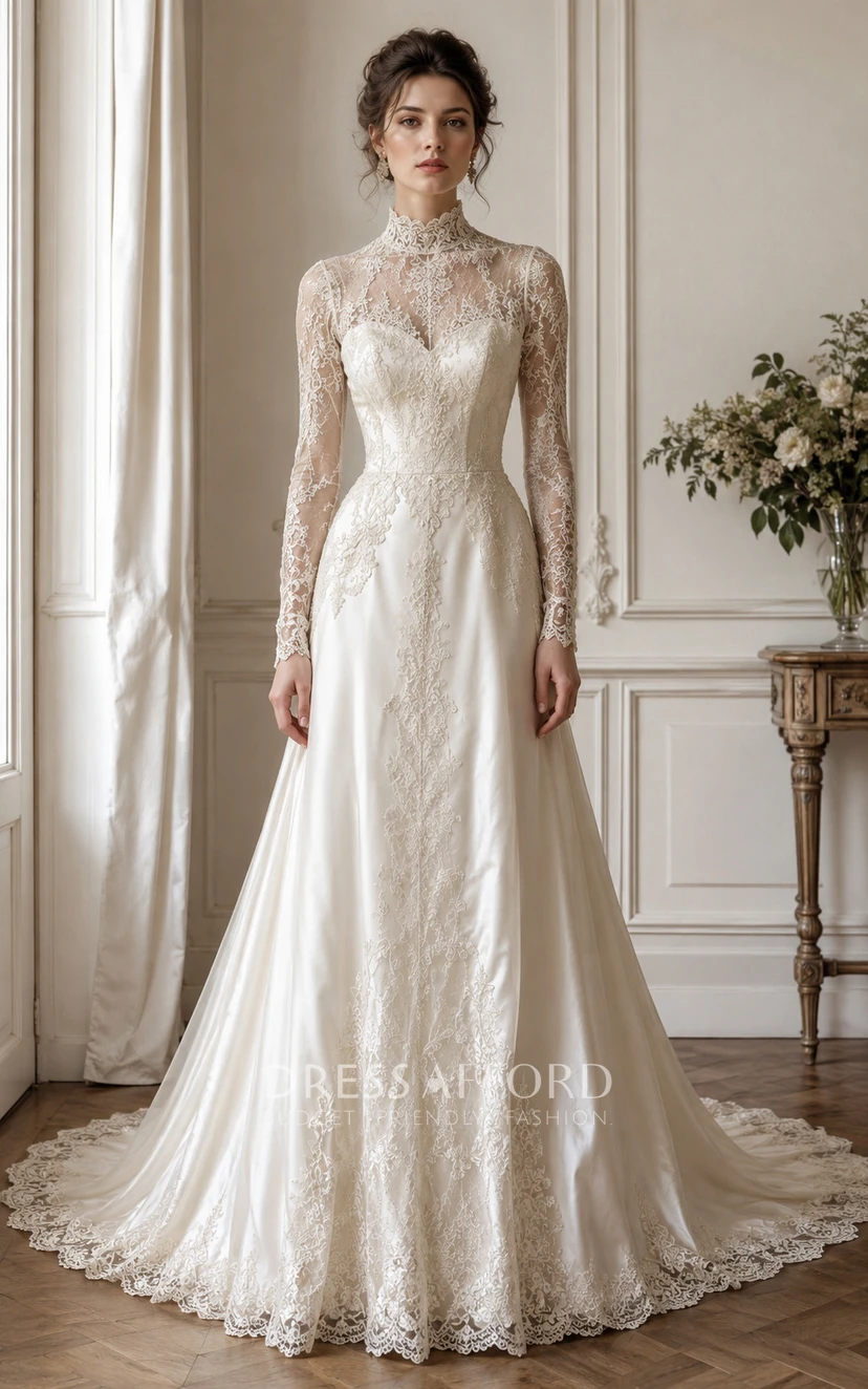 High Neck Long Sleeve Lace A-Line Vintage Wedding Dress (719190)