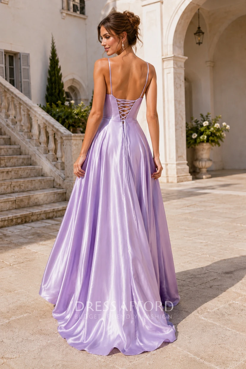 Lavender Satin A-Line Prom Dress with Spaghetti Straps, Ruched Bodice and Slit (338053)