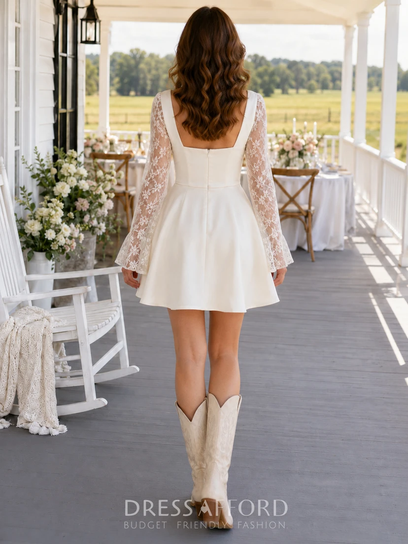 Western Rustic Square Neck Short Sleeve Wedding Dress view 2