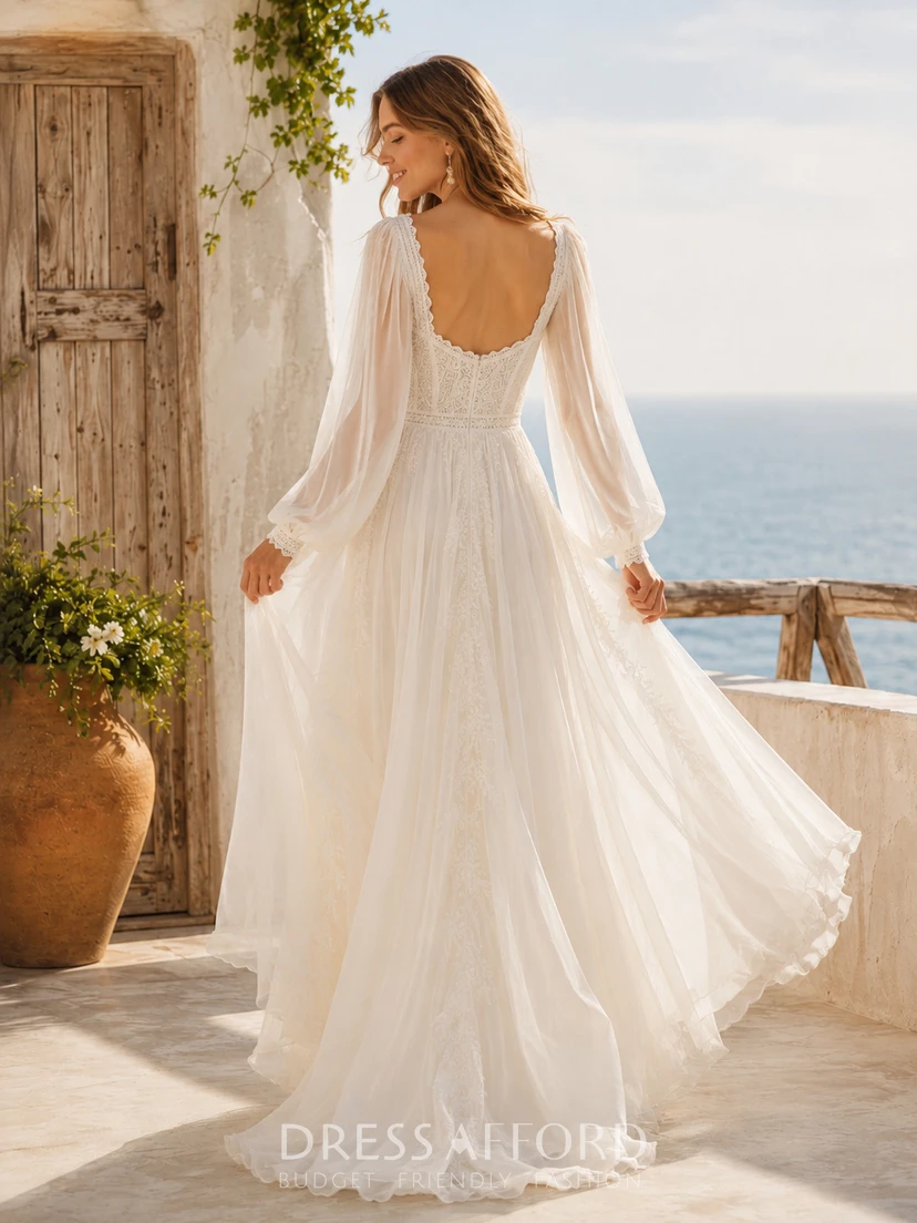 Bohemian Square Puff Sleeve Chiffon Low-Back Sweep Beach Wedding Gown view 2