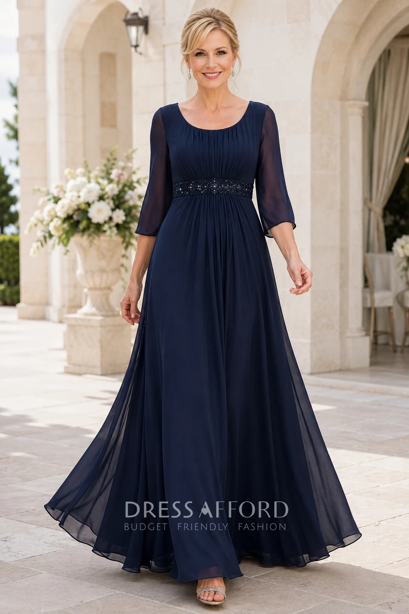 Dark Navy Empire Waist Chiffon A-Line Mother Dress with Beaded Waist