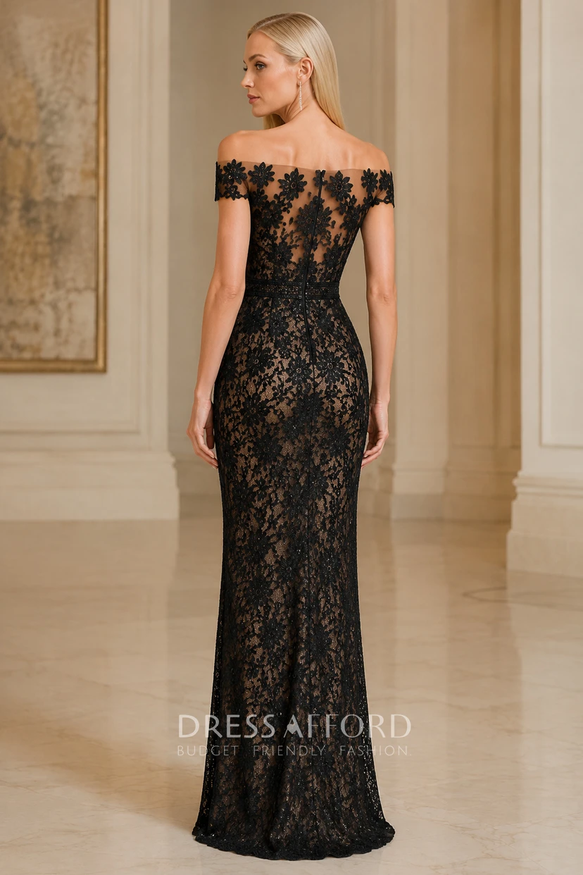 Black Off Shoulder Lace Sheath Evening Dress Nude Illusion Lining for Evening and Formal Events view 2