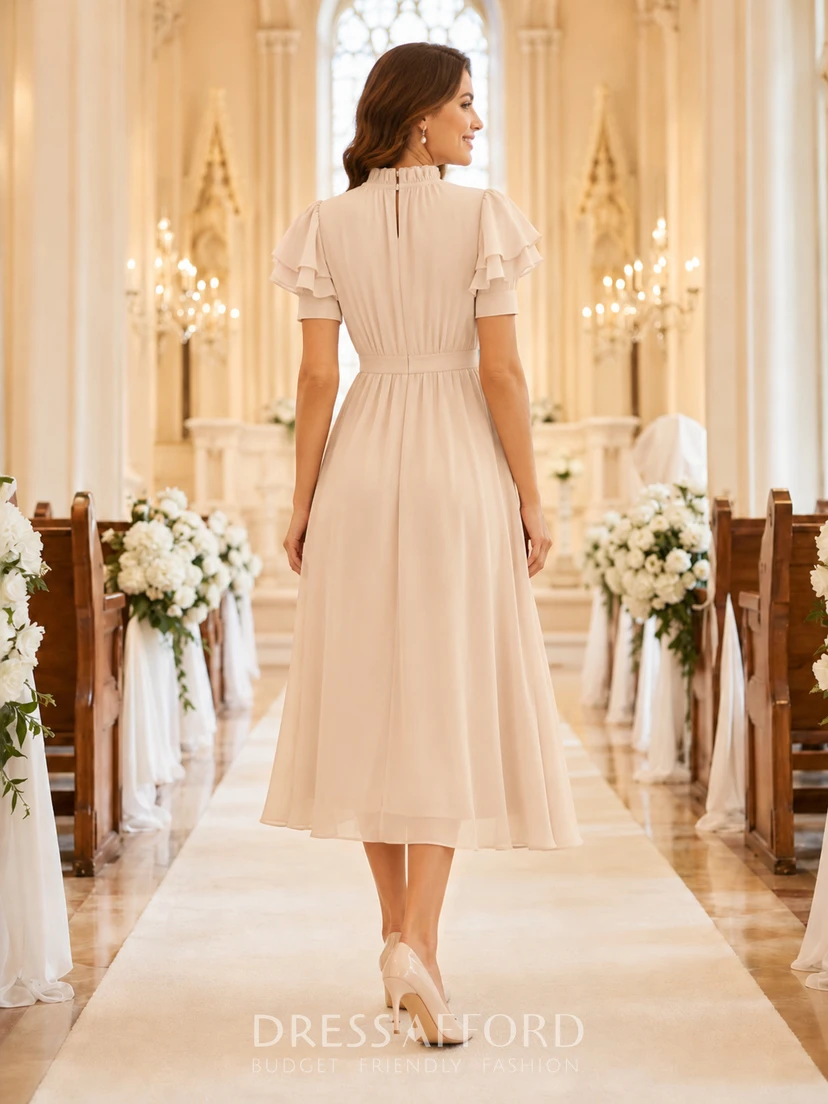 Champagne short sleeve chiffon tea length A-line dress (343665)