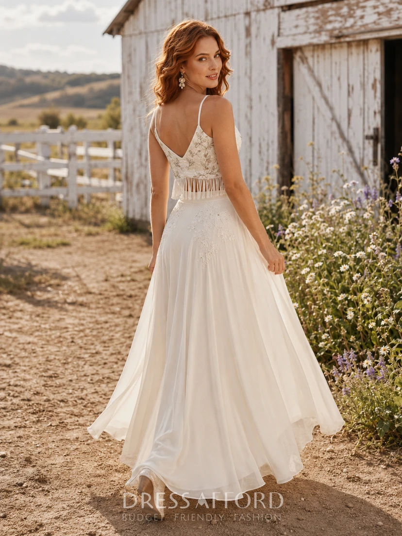 Two Piece Boho Fringe Western Ranch Chiffon Bridal Gown (723971)