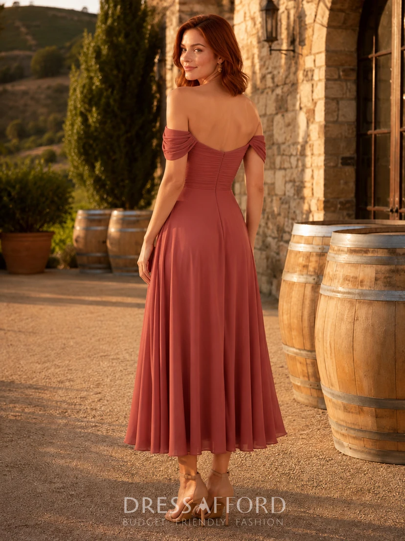 Papaya Outdoor Winery Wedding Guest Bridesmaid Cocktail Formal Dress A-Line Tea-Length Off-Shoulder Sweetheart Neck Sleeveless Chiffon Ruched Zipper Back (108864)