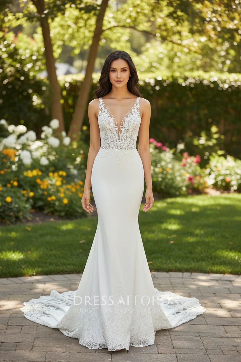 V-Neck Lace Fit and Flare Garden Wedding Dress