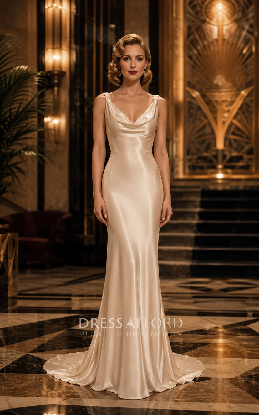 Champagne Satin Cowl Neck Mermaid Vintage Wedding Dress (719090)