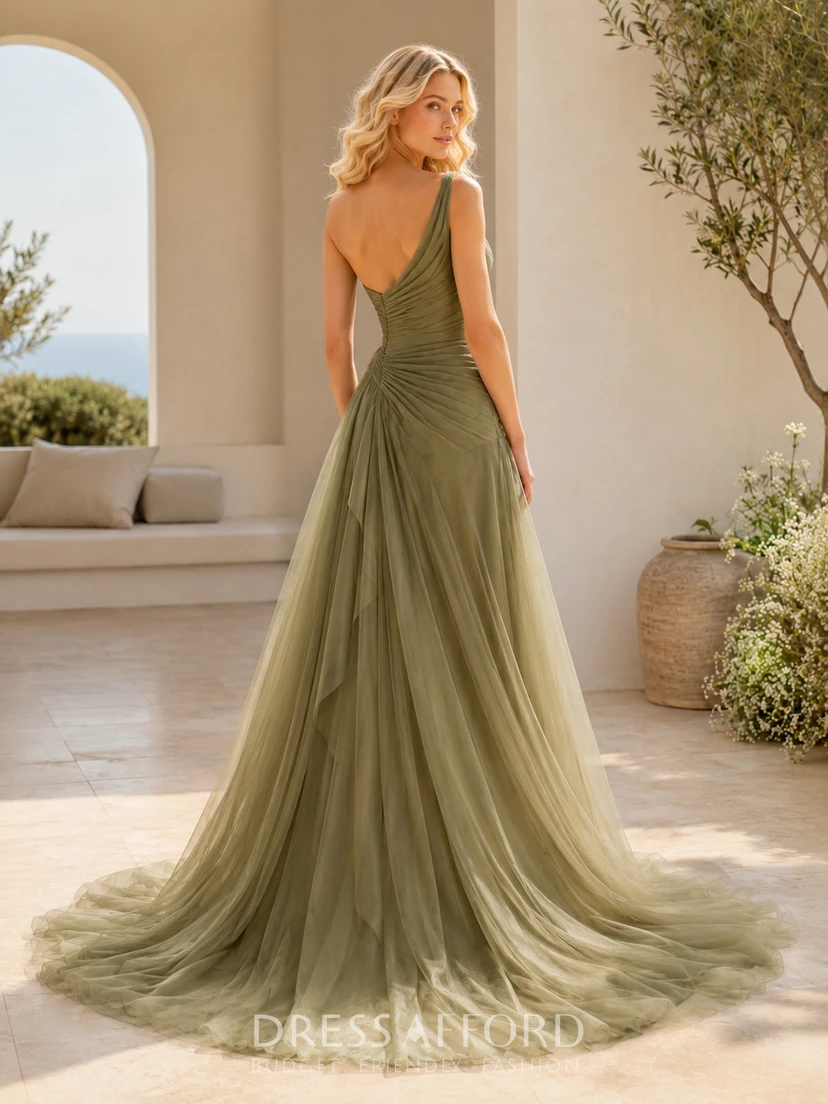 Olive Green Cowl Neck Spaghetti Strap Satin Tulle A-Line Wedding Dress (726934)