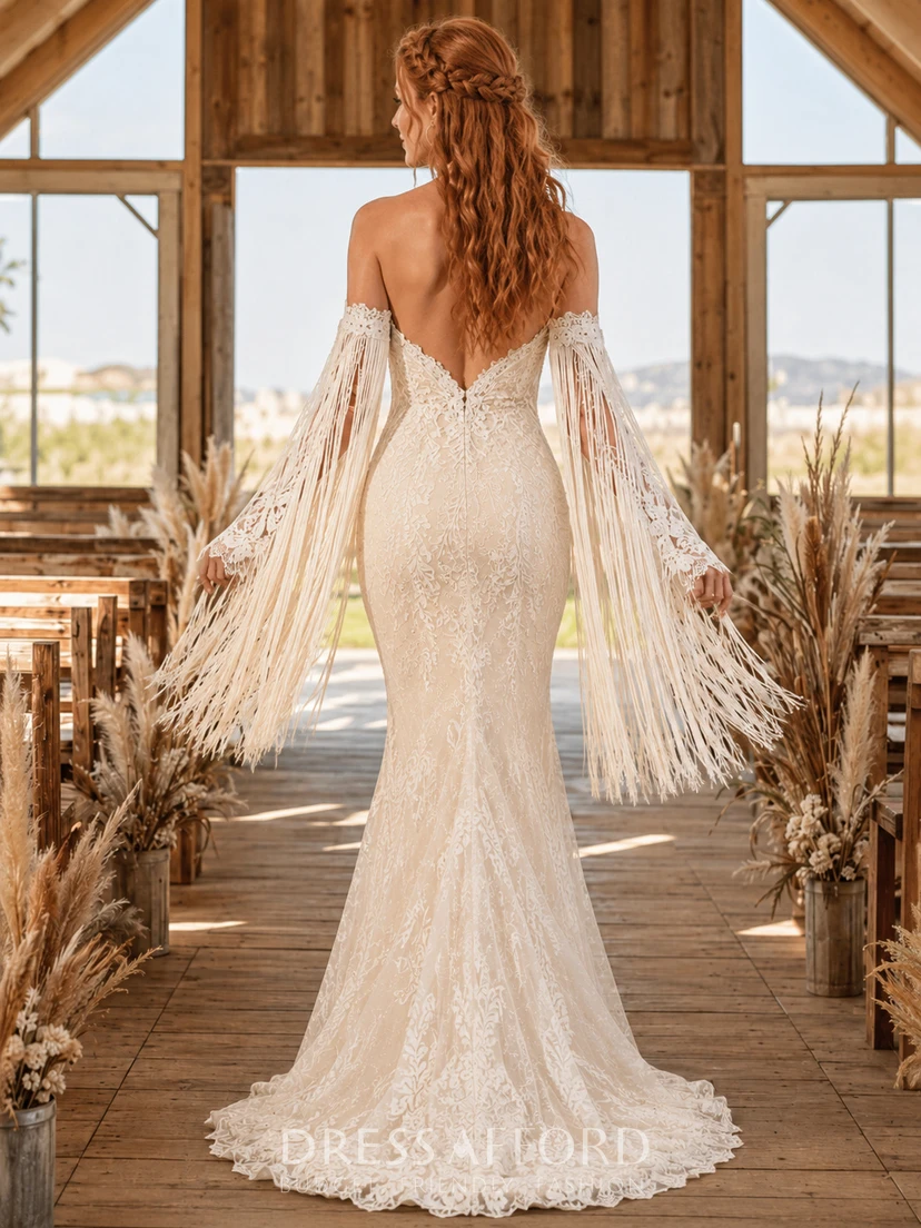 Boho Rustic Off Shoulder Fringe Mermaid Wedding Dress (723761)