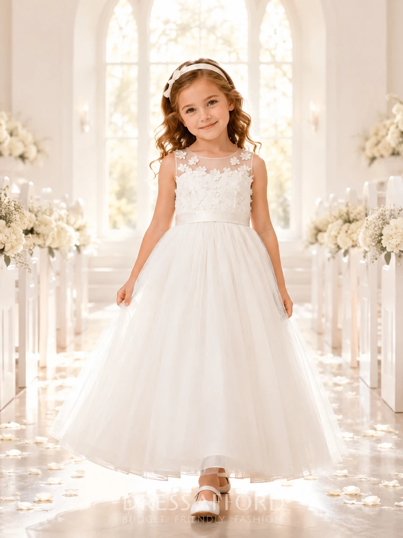 flower girl dress ivory Tulle Lace A-Line Scoop Neck Tea Length Bow Detail (405167) Main Fabric Content:60% POLYESTER