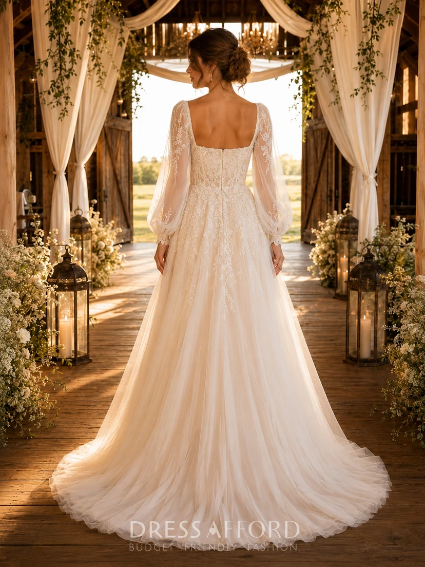 bishop sleeve a line wedding dress Square Neck Barn Bridal Gown Color:Picture color