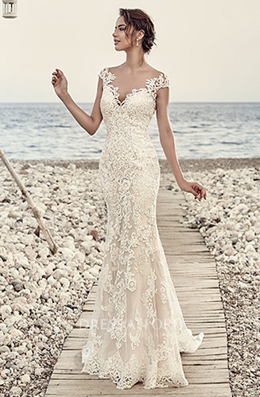 V-neck Cap-sleeve Lace Wedding Dress 