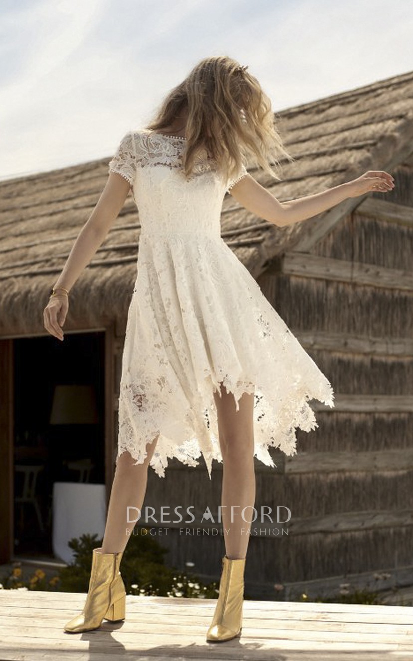 Country Informal Knee length Short Sleeve Wedding Dress With Illusion Lace Details Dress Afford