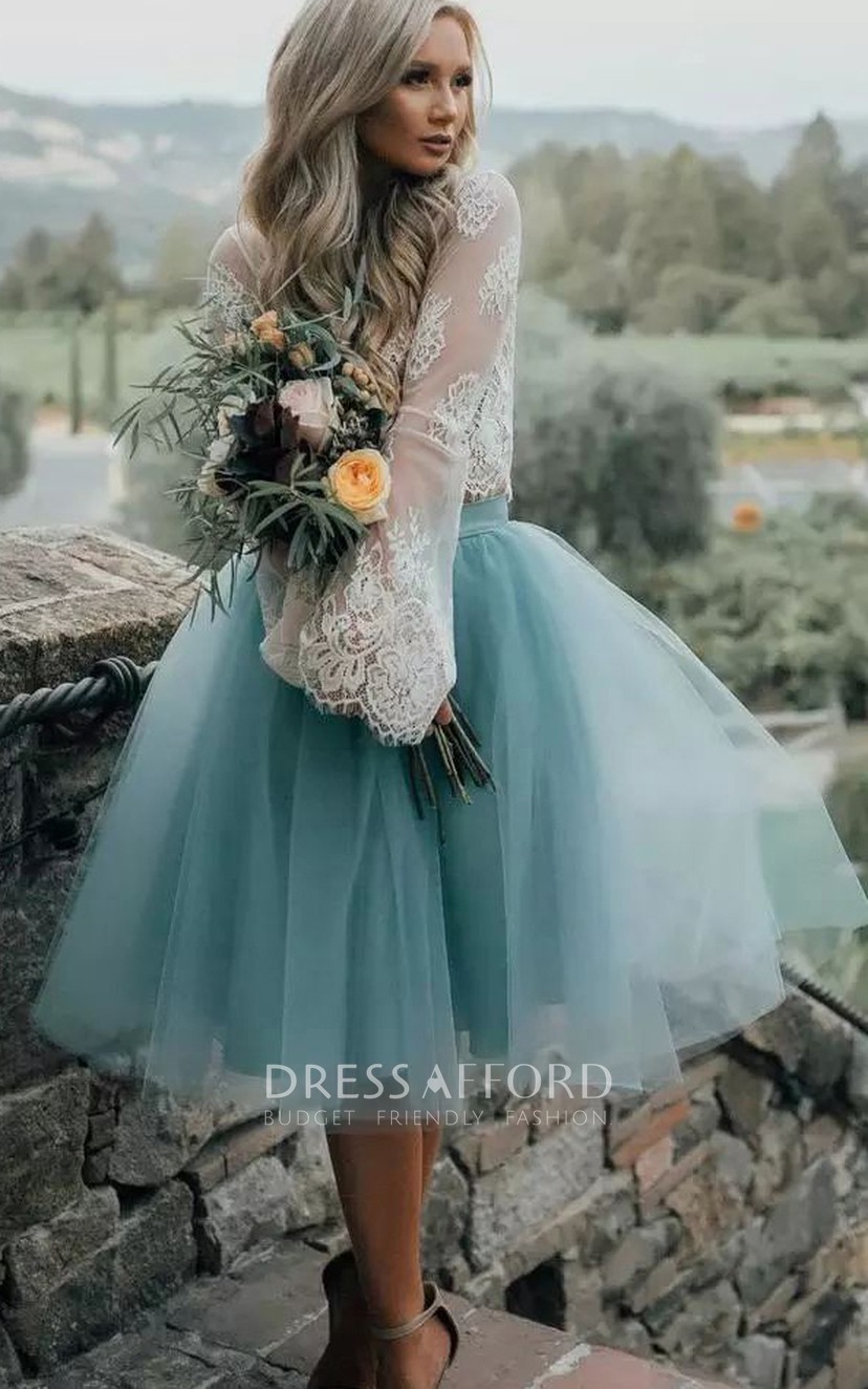 Long Sleeve A line Two Piece Tea length Pleats Lace Tulle Homecoming Dress Dress Afford