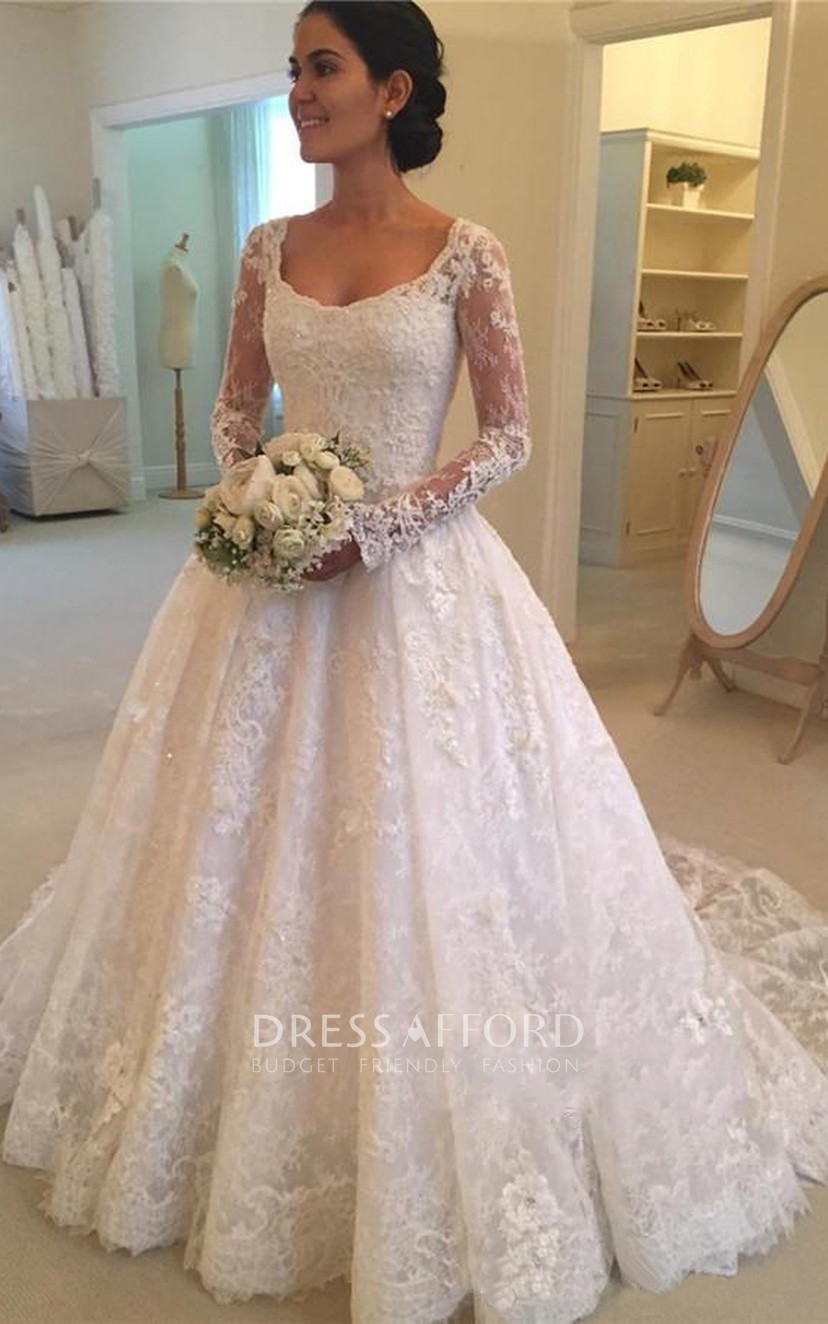 Elegant Lace Long Sleeve Ball Gown Wedding Dress with Cathedral Train -  Dress Afford