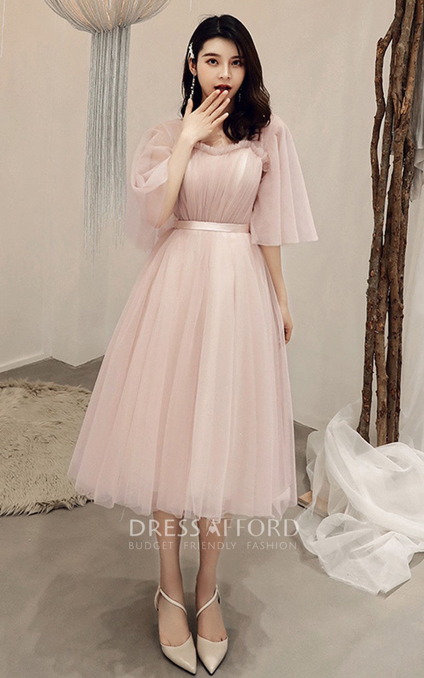 Off-the-shoulder V-neck Tulle Tea-length Prom Cocktail Homecoming