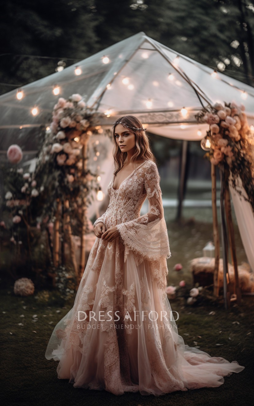 Gypsy Boho Blush Pink Bell Sleeves Tulle Wedding Dress with