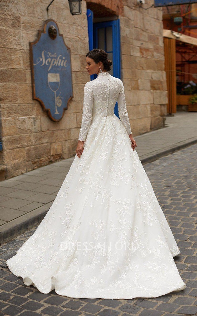 High neck long sleeve ball gown best sale