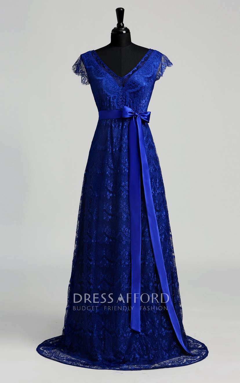 A-line Lace V-neck Floor-length Short Sleeve Sash/Ribbon Dress with  Sweep/Brush Train - Dress Afford