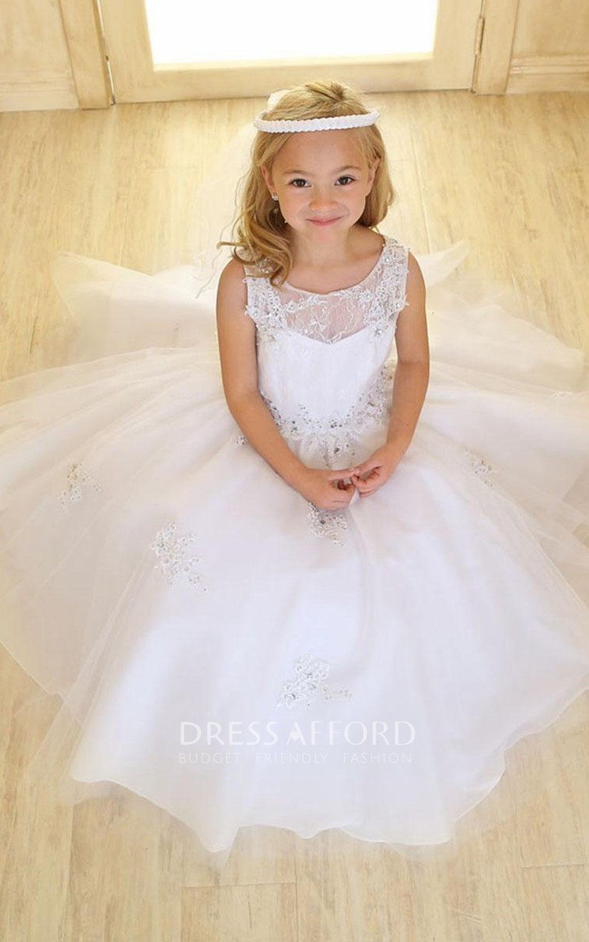 Tulle Illusion Layered Jeweled Lace Flower Girl Dress