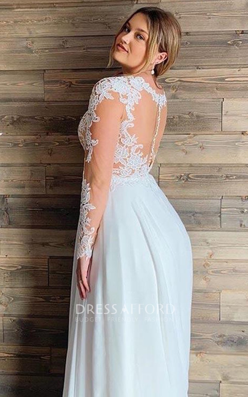 V neck Chiffon Lace Long Sleeve Floor length Button Illusion A Line Wedding Dress Dress Afford