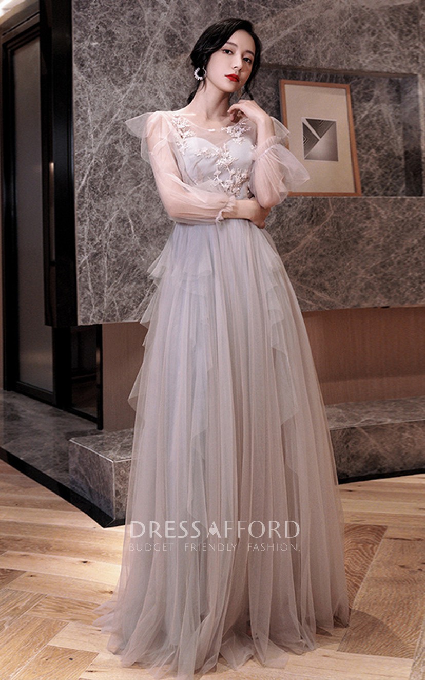 V-neck Off-the-shoulder Tulle Floor-length Prom Evening Dress With