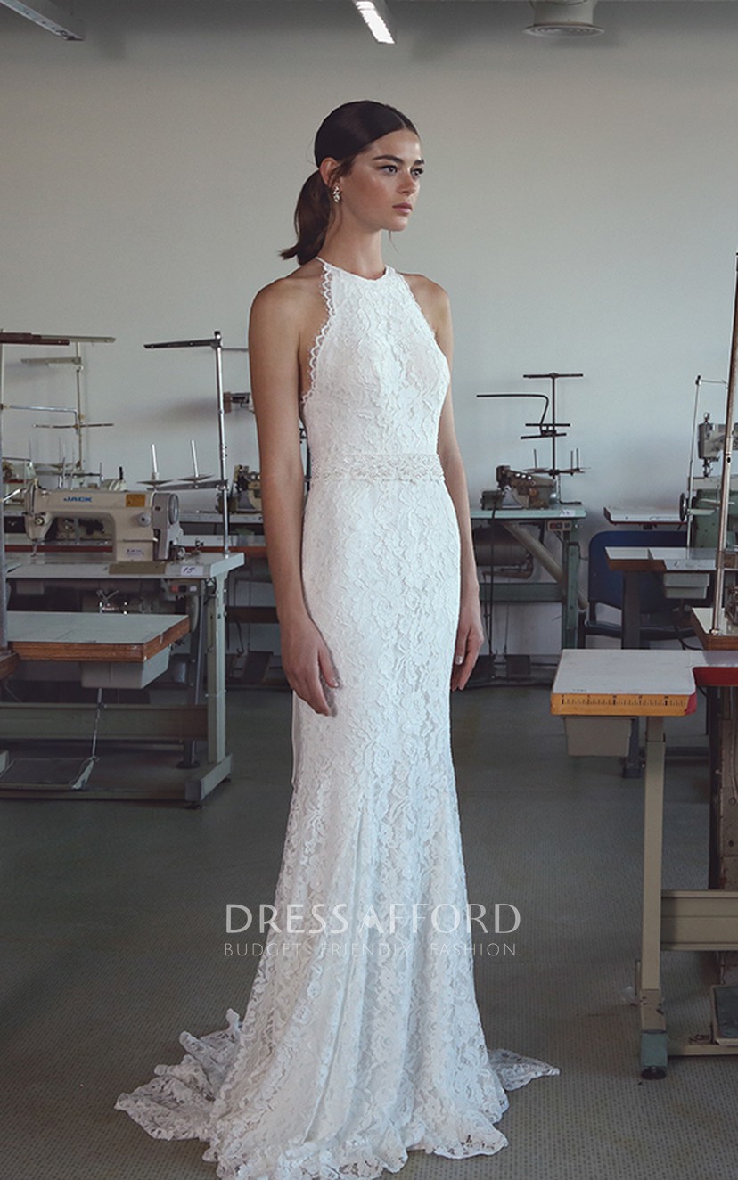 Ethereal Lace Halter Neck Sleeveless Long Wedding Dress Dress Afford