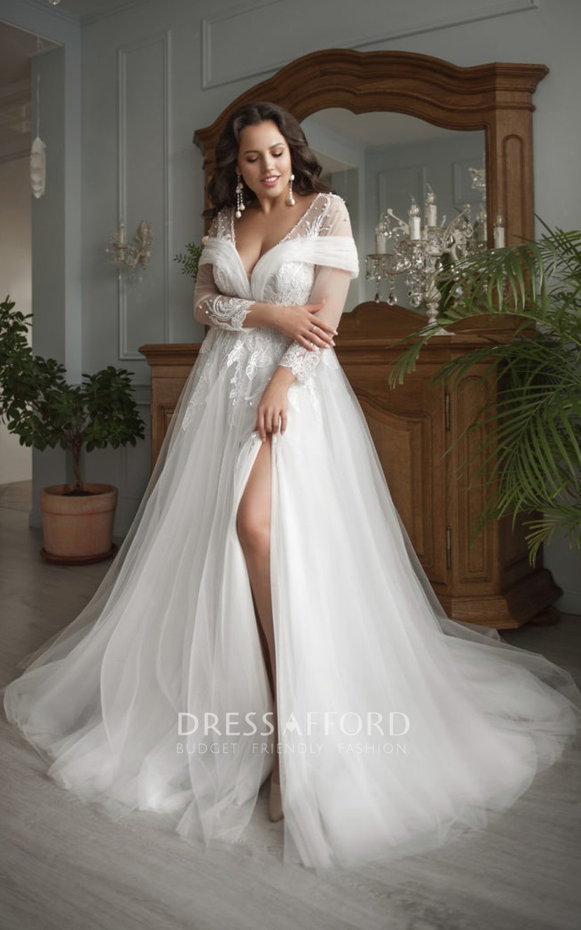 Sexy Curvy Plus Size Tulle Slit Front A line Illusion Lace Long Sleeve Wedding Dress Dress Afford