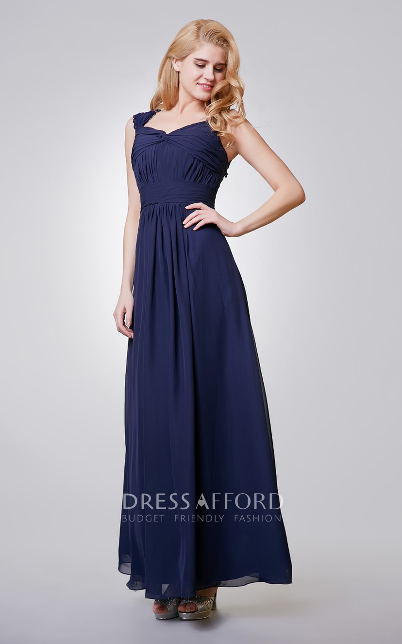 A-Line Long Chiffon Ruched Dress With Key-hole - Dress Afford