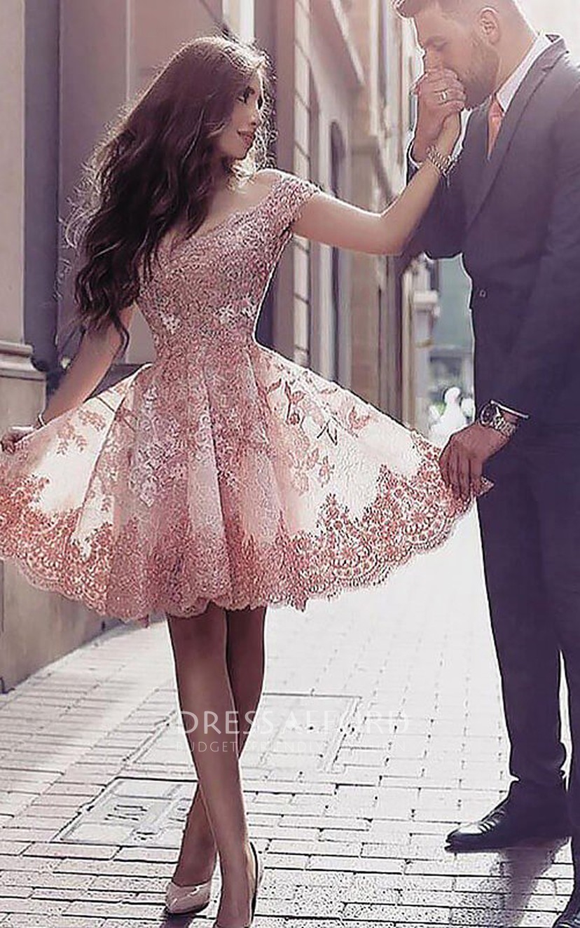 Sleeveless A-line Ball Gown Short Mini Off-the-shoulder Pleats Ruffles Lace  Homecoming Dress - Dress Afford