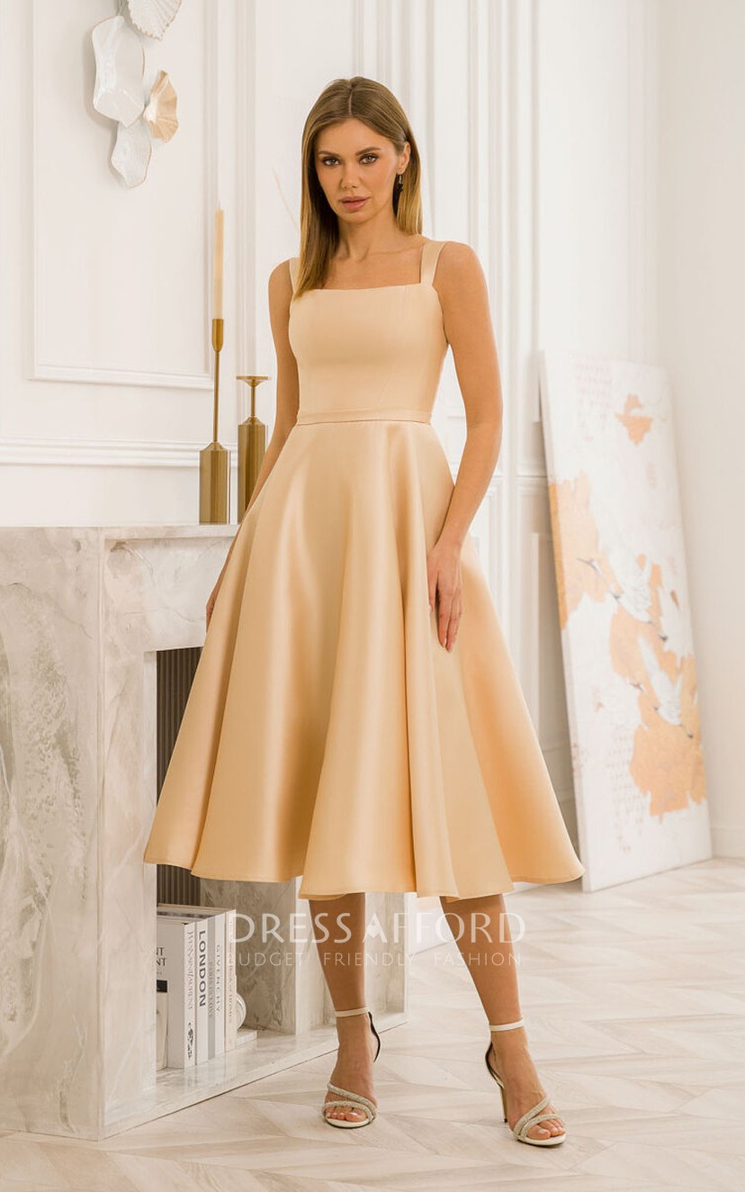 Simple Gold Sleeveless Tea length A line Solid Dress Dress Afford