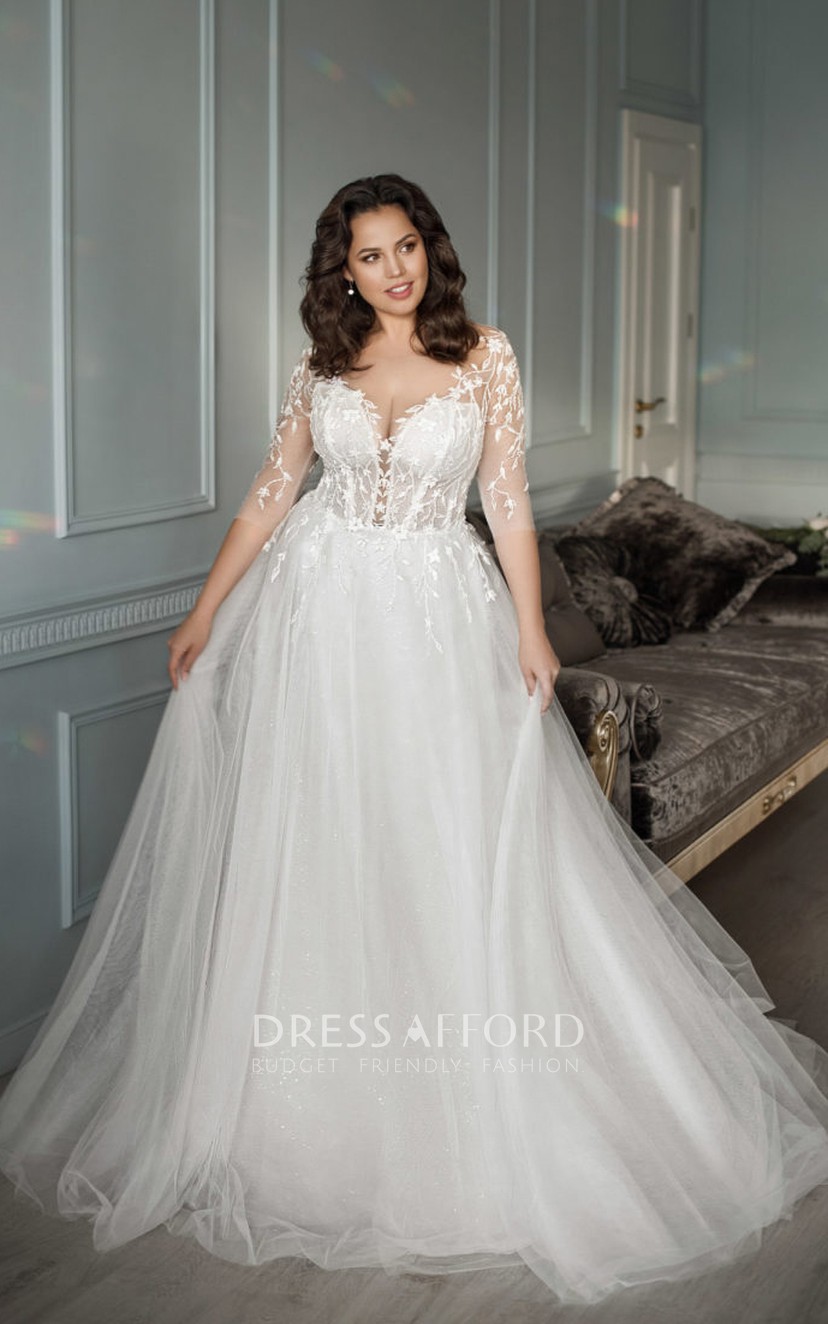 Plus Size Illusion 3 4 sleeve A line Ball Gown V neck Wedding