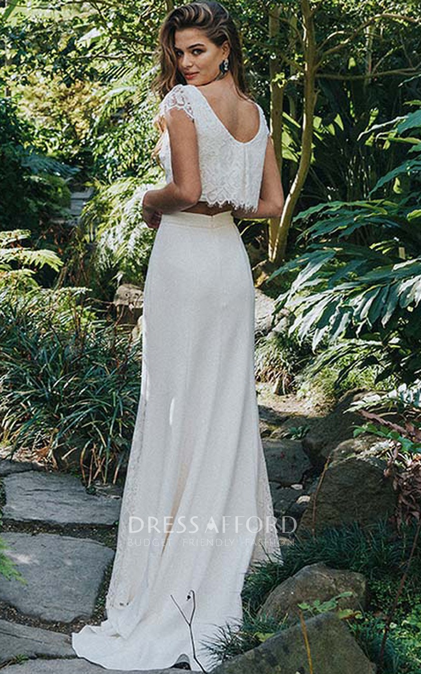 Casual Two Piece Lace Sheath Wedding Dress with Low v Back Dress Afford