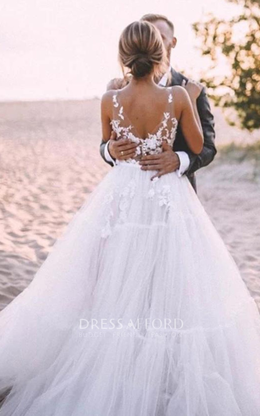 Ethereal Sleeveless Lace Tulle V-neck Floor-length Ball Gown Wedding Dress  with Appliques - Dress Afford