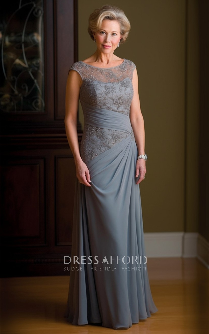 Cap Steel Blue Chiffon Side Draped Lace Mother of Bride Dress