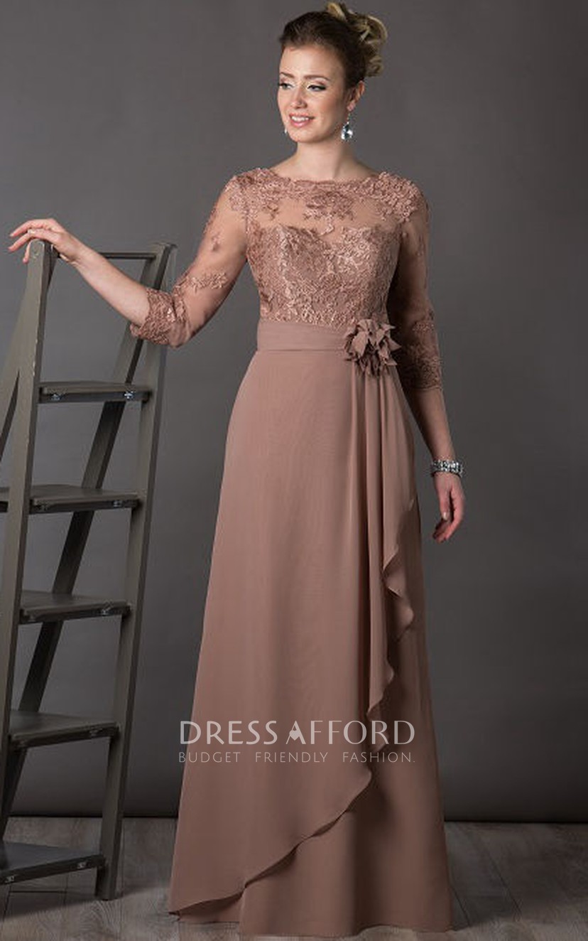 Bateau 3 4 sleeve draped Mother of the Bride Dress With Appliques And Low V Back