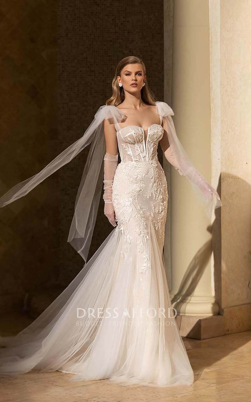 Mermaid Sweetheart Notched Lace Tulle Strapped Wedding Dress